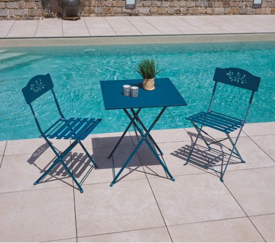 FLORONE - Ensemble table et chaises de jardin - 2 places - Bleu Canard