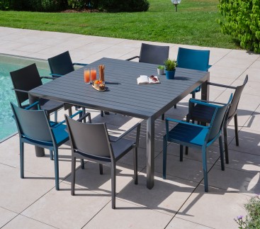 MIMAOS XL - Ensemble table et chaises de jardin - 10 places - Gris Anthracite et Bleu saphir