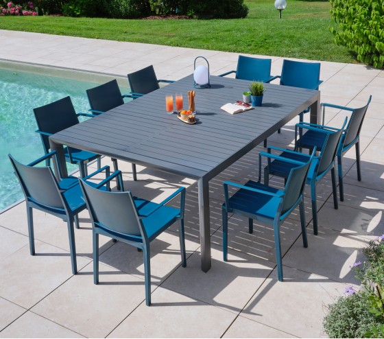 MIMAOS XL - Ensemble table et chaises de jardin - 10 places - Bleu saphir