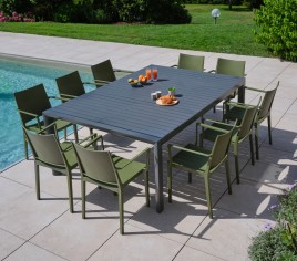 MIMAOS XL - Ensemble table et chaises de jardin - 10 places - Vert olive
